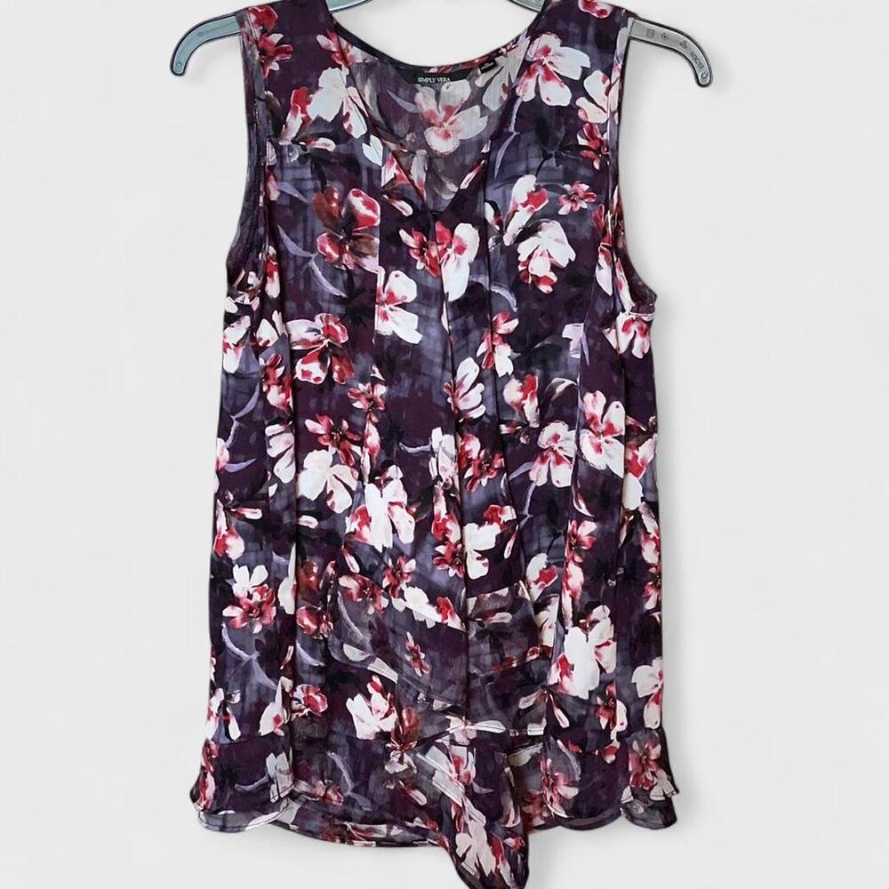 Simply Vera Plum Gray Floral Ruffle V-Neck Semi-Sheer Sleeveless Blouse - Size M